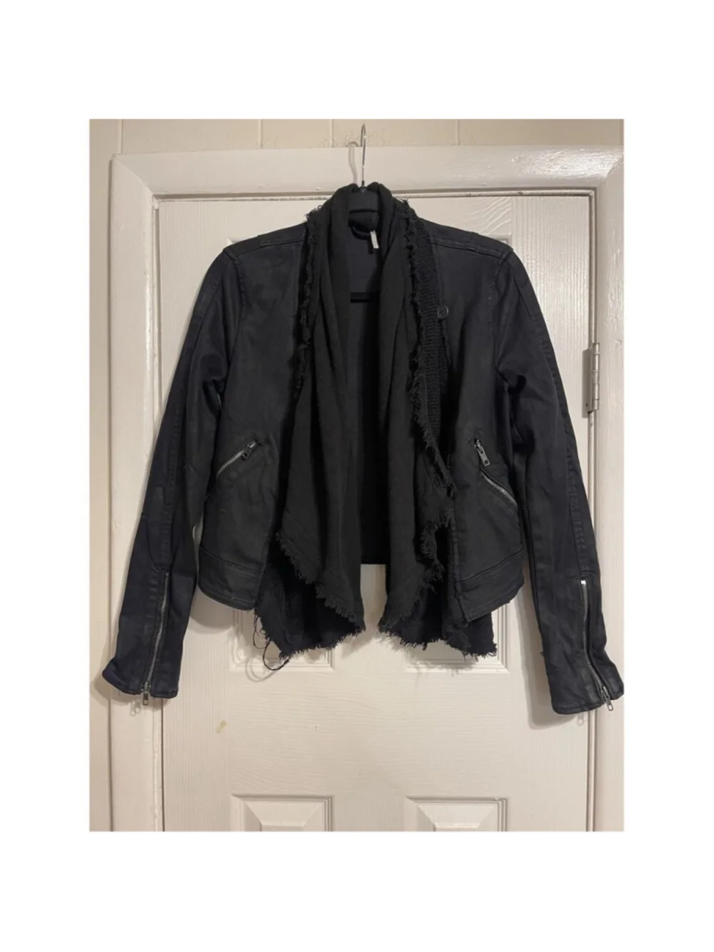 Free People Coated Denim Drape Lagen Look Moto Jacket Black Waterfall Collar 2